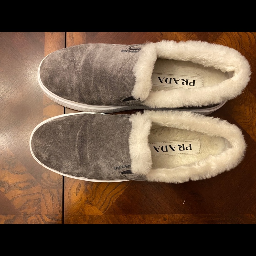 PRADA suede shearling slip on sneakers